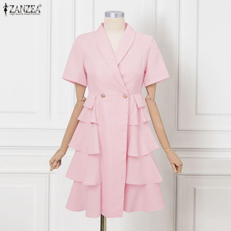 ZANZEA Women Casual Turn Down Collar Loose Short Sleeve Elegant Ruffles Dress