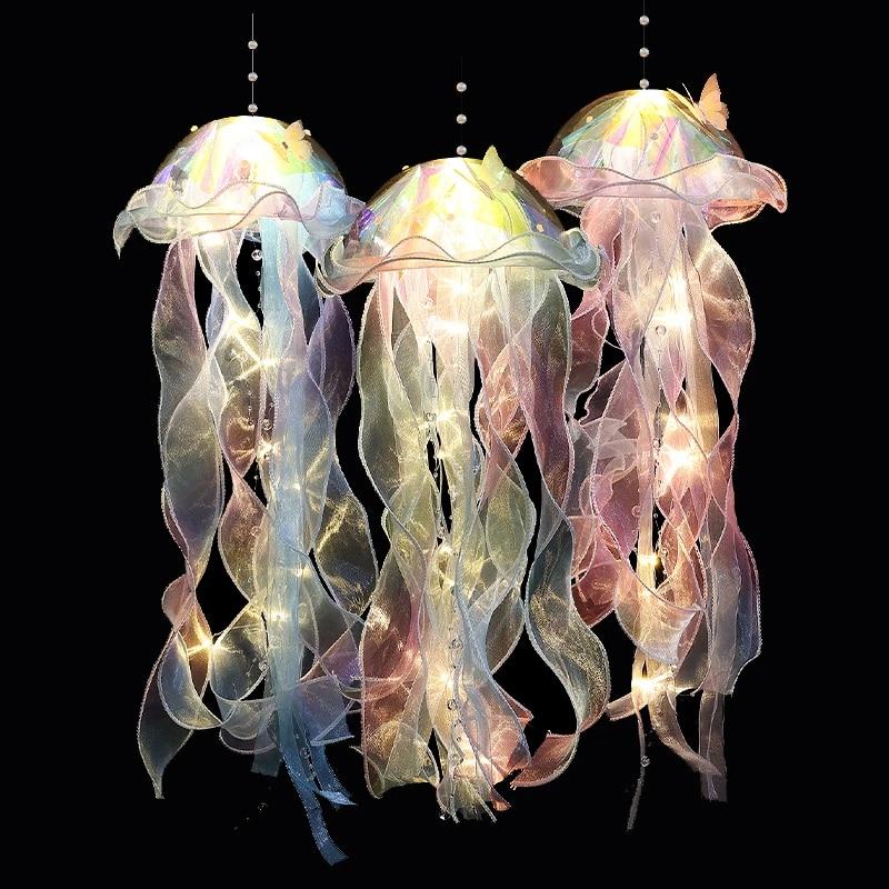 1PC Gradient Jellyfish LED Night Light Handmade Pendant Festival Decor Courtyard Indoor Outdoor Hanging Colorful Lamp Ornament