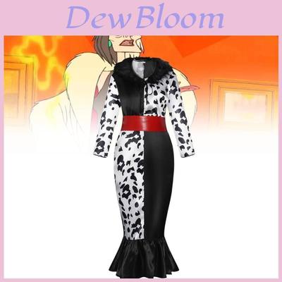 Elegant Cruella De Vil Cosplay Dress With Faux Fur Collar For Unisex Adults