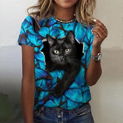 Women's T Shirt Cat Graphic Print Round Neck Tops Cotton Basic Top White Black