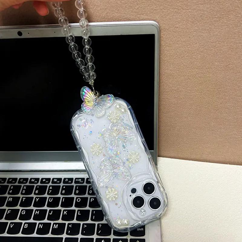 Laser Butterfly Pearl Flower Phone Case for IPhone17 Promax Full Pack Anti Drop for Apple 16 Handheld Rope