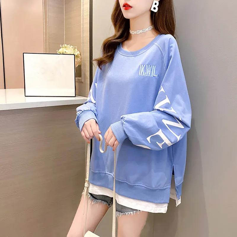 Cotton Sweatshirt Women Autumn Spring Large Size Loose Mid-Length Round Neck Sweatshirt Casual Versatile Long Sleeve Tops