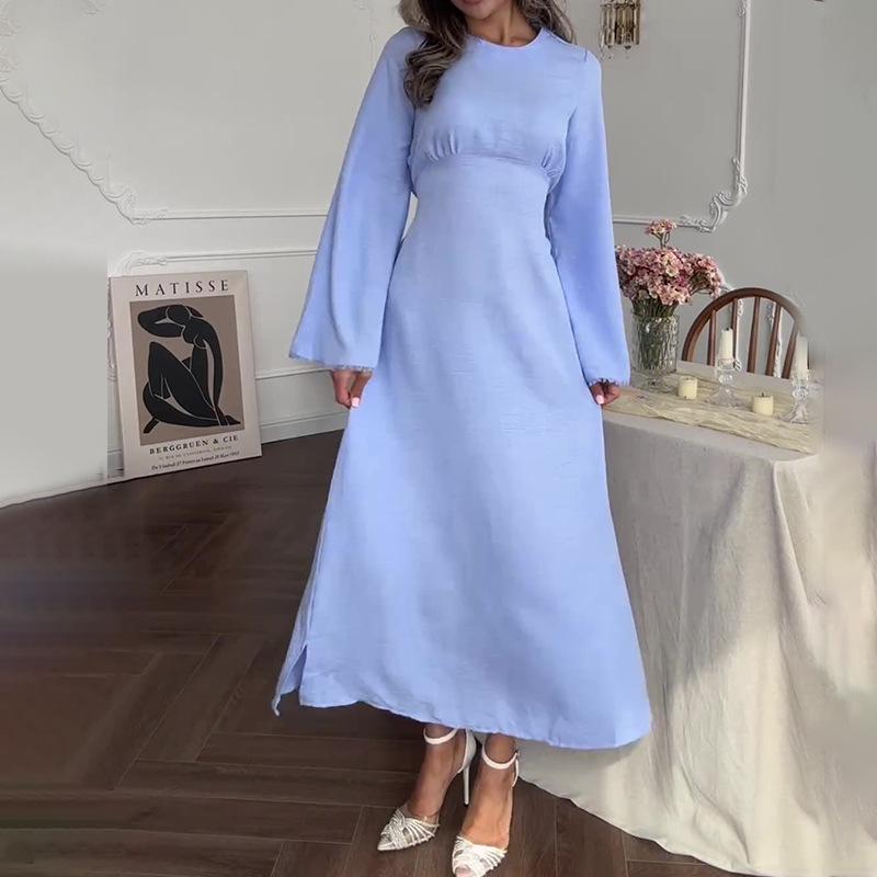 

High-End Solid Color Round Neck Long-Sleeve Dress for Women - 2025 Autumn Fashion 3XL світло-синій колір