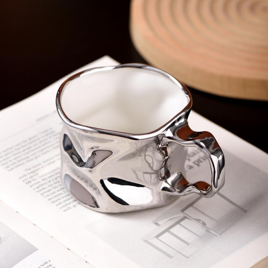 Modern Electroplated Silver Ceramic Coffee Cup Artistic Abstract Wrinkled Mug Metallic Imitation Milk Breakfast Cup Couple's Mug