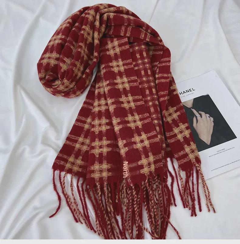 2024 Winter Women's Plaid Scarf: Korean Retro Style, Warm Imitation Cashmere Shawl for Students and Couples