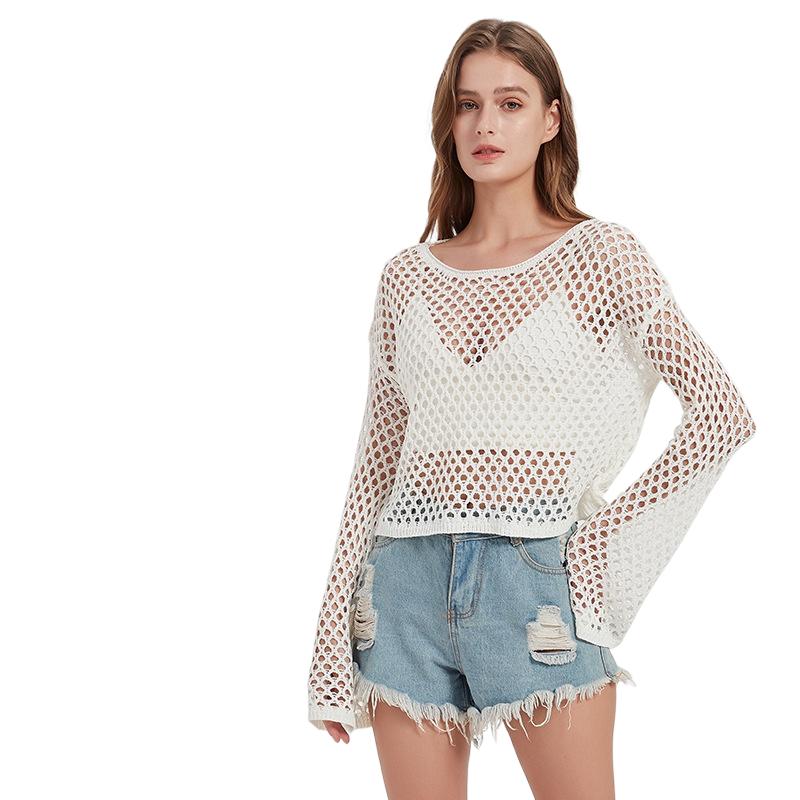 Свитер с короткими рукавами-колокольчиками ажурные вязаные свитера женская одежда S белый 1980₽