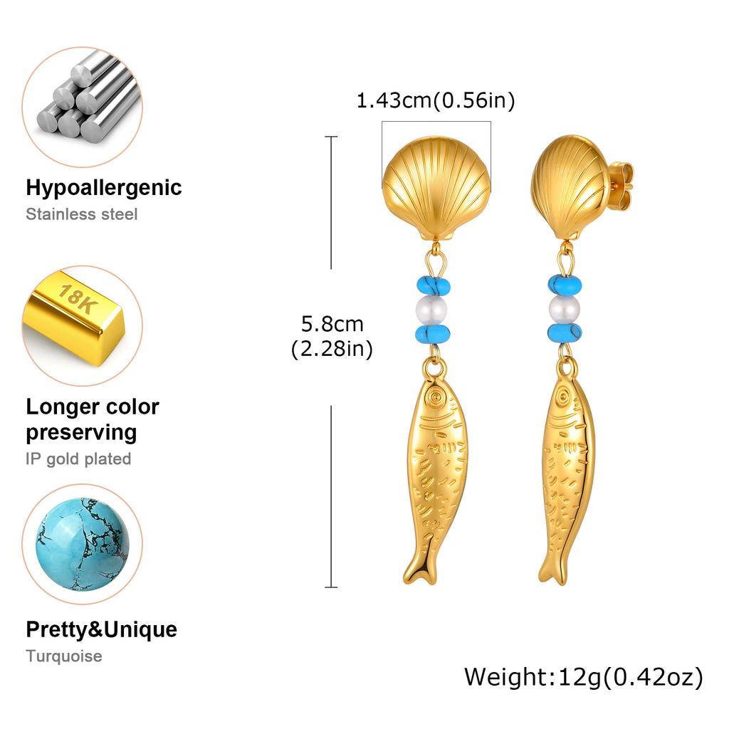 18K Gold Color Plated Long Fish Pendant Earrings Blue Stone Stainless Steel Waterproof Earrings for Women Trendy Holiday Jewelry