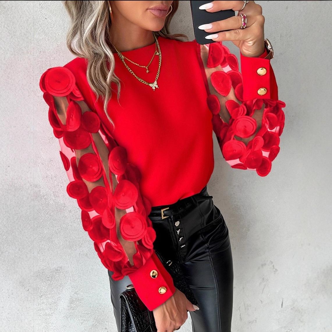 

Модные Кружевные Цветочные Топы Блузки Женские С Длинным Рукавом Элегантные С Круглым Вырезом Свободная Рубашка Блузка Повседневные Рубашки Весна Лето Женский Топ S красный