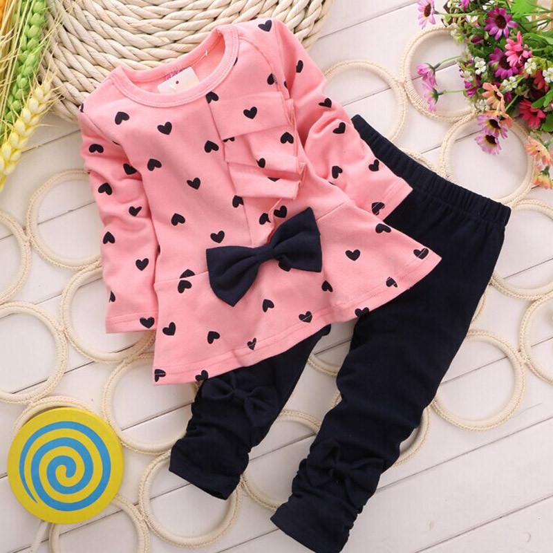 Joliannss Baby Clothing Sets Heart-shaped Print Bow Cute 2PCS Kids Set T Shirt + Pants