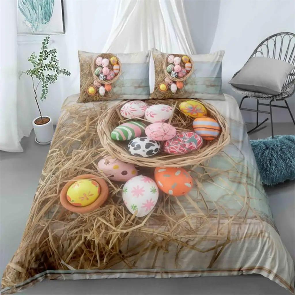 Soft Easter Eggs Print Duvet Cover Happy Easter Cartoon Rabbit Toddler Bedding Sets Twin King Queen Size Microfiber Quilt Cover