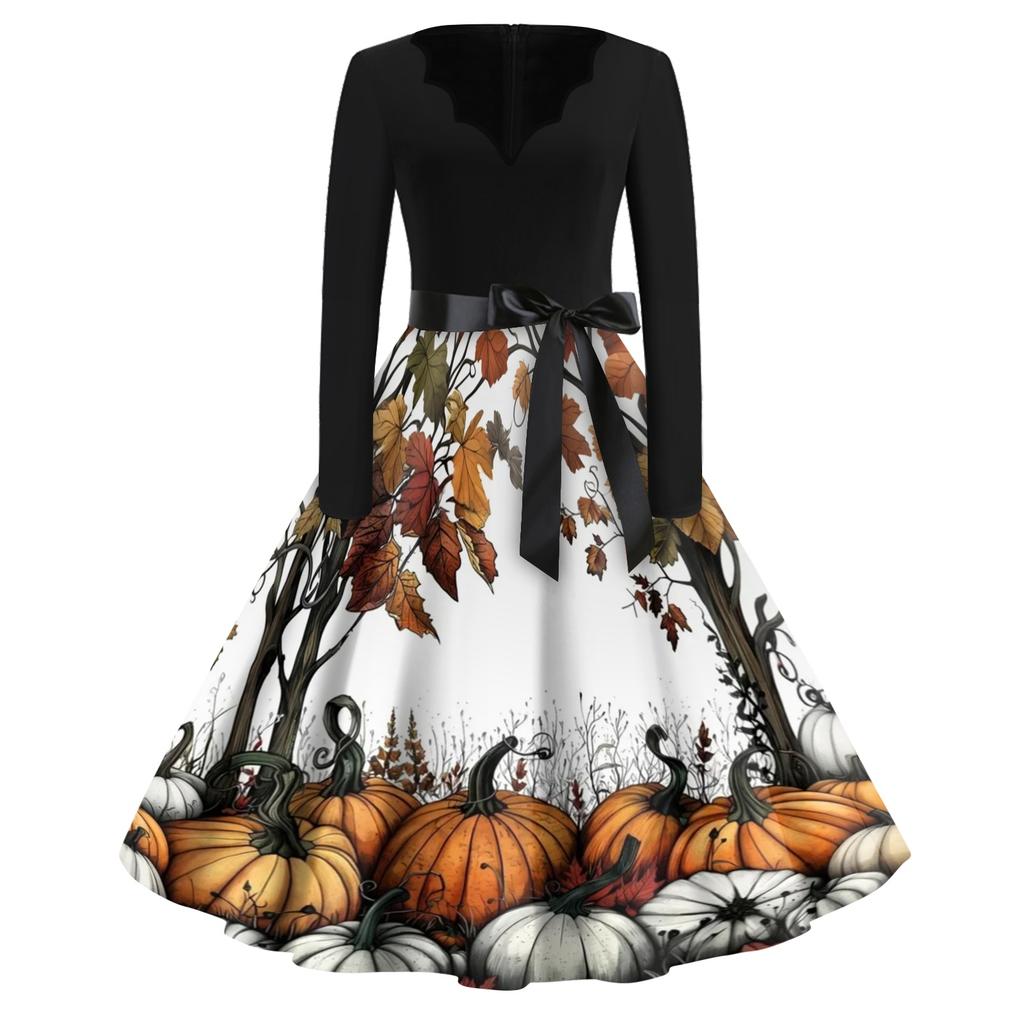 Women's Vintage Halloween Print V-Neck Dress, Casual Party Outfit for Celebrations