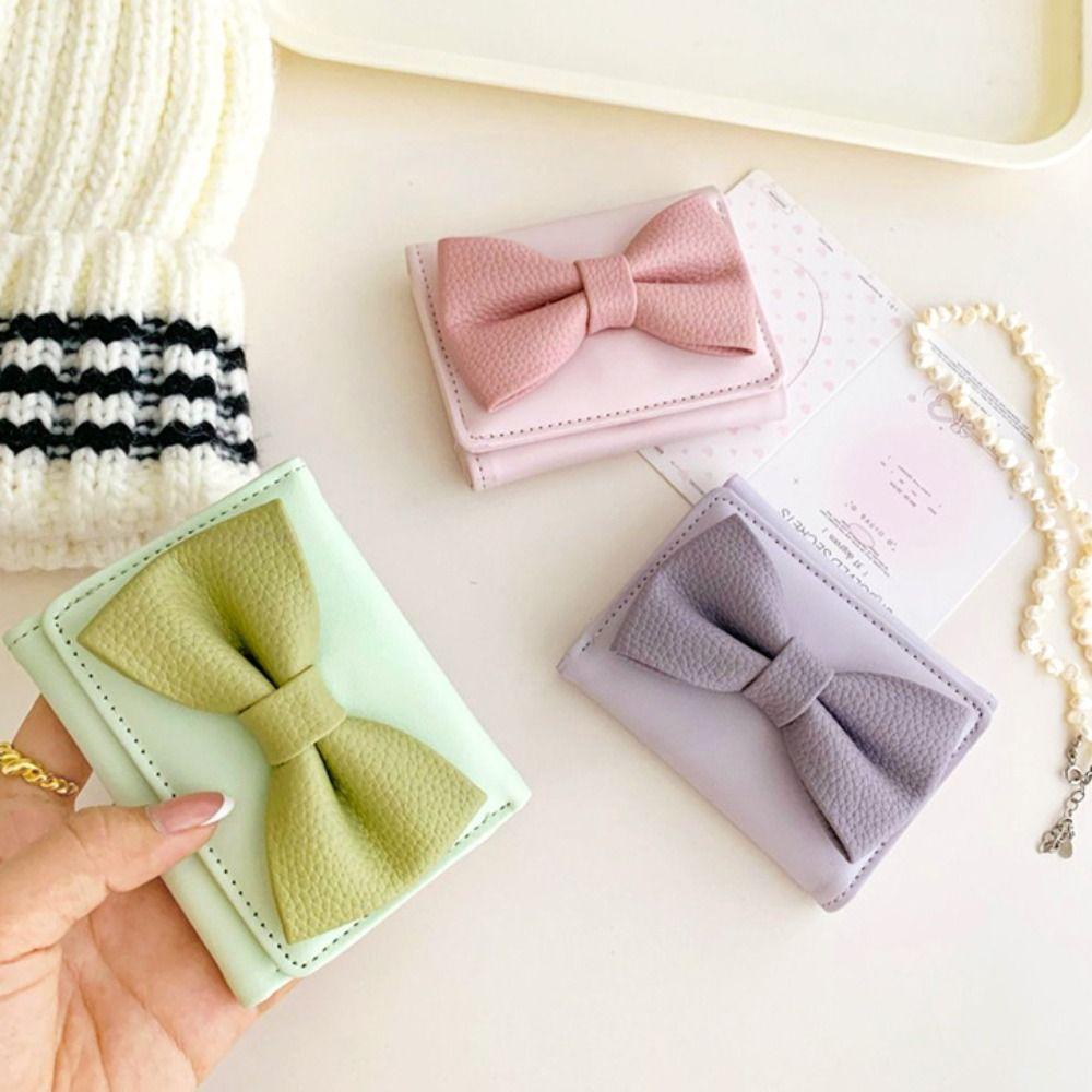 

Printing Cute Bow Short Wallet Korean Style Card Holder Anti-lost Folding Purse Travel рожевий