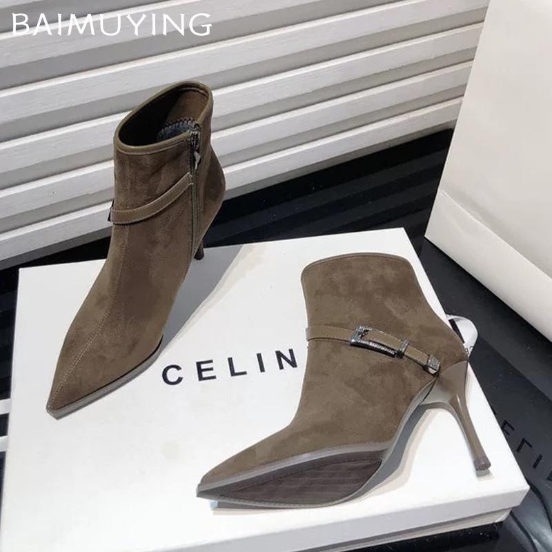 High Heels Women Ankle Boots Sexy Suede Pointed Toe Crystal Buckle Shoes 2025 Trend Designer Pumps Goth Winter Botas De Mujer