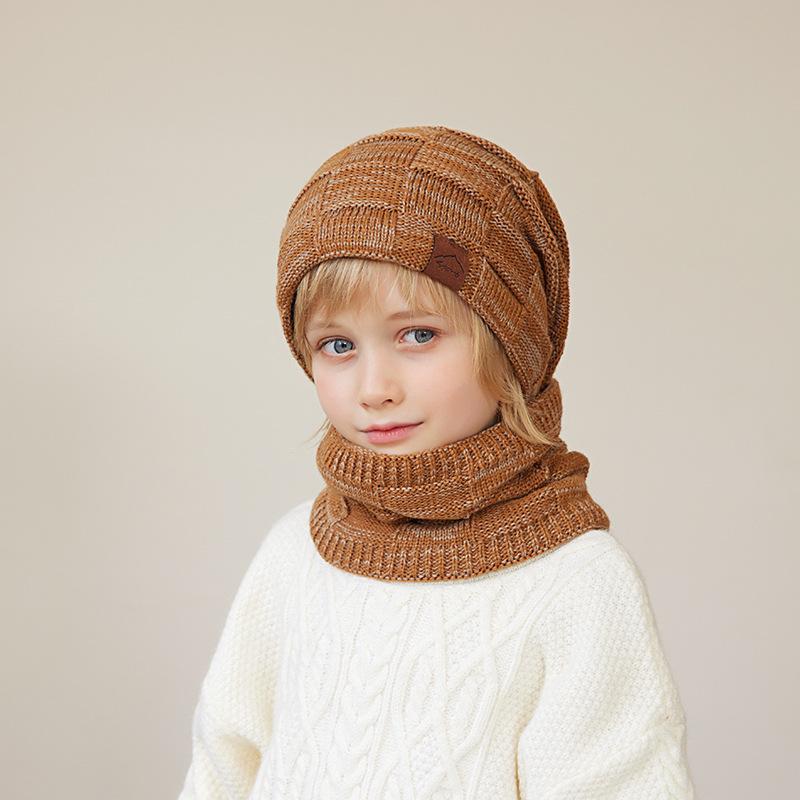 Winter Kids Keep Warm Beanie Scarf Sets 2 Pieces Hats For Boys Girls Outdoor Windproof Fleece Lining Stripe Knit Cap Children
