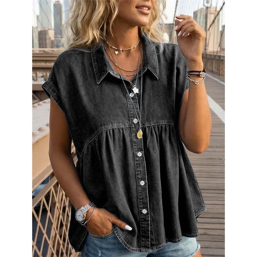 Fashion Women s Spring And Summer Comfortable Casual Commuting Imitation Denim Tops 2XL