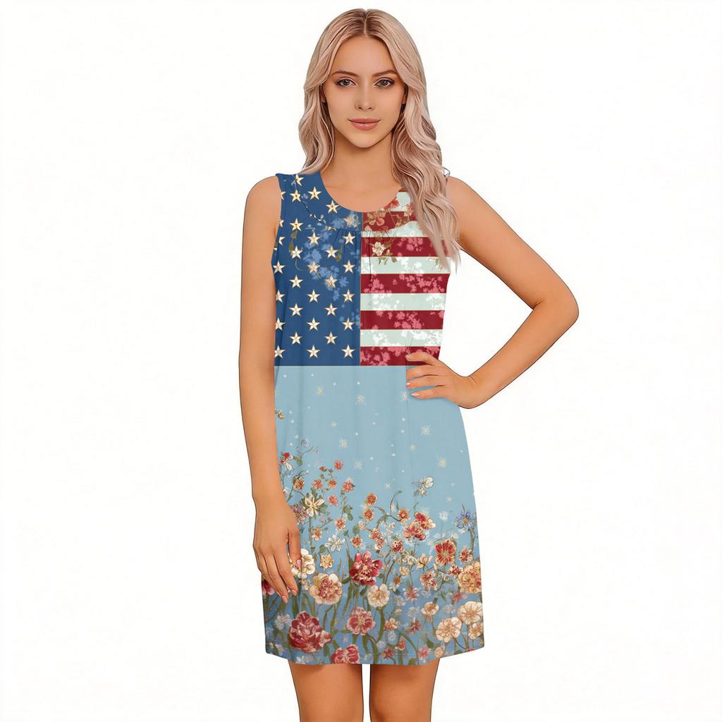 Sleeveless Independence Day Dress with Tearable Shoulder Design Post Surgery Dress for Women American Flag Print Summer Casual Dress
