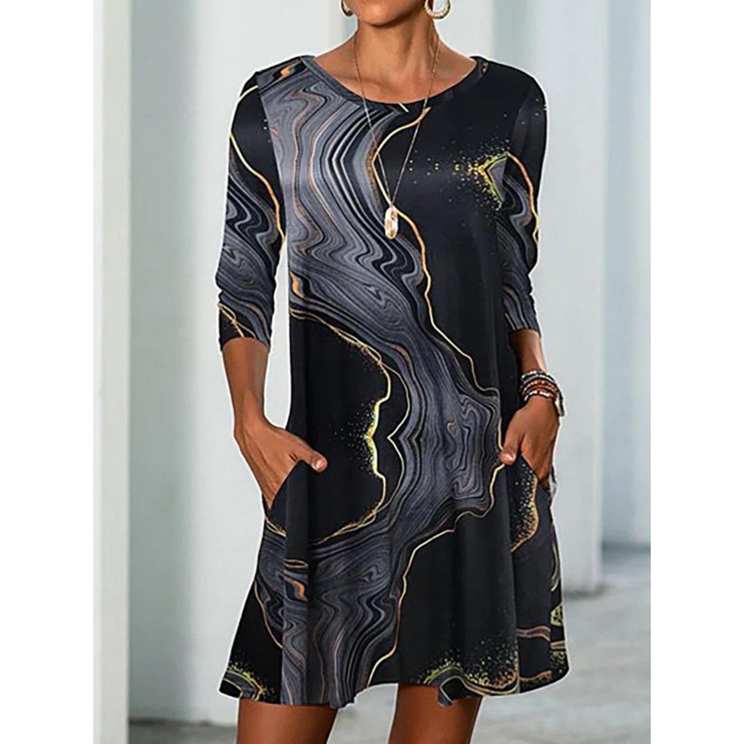 

2025 Новое женское платье с заниженной талией, элегантное платье с принтом, весна-лето, свободное и удобное 5XL чёрный