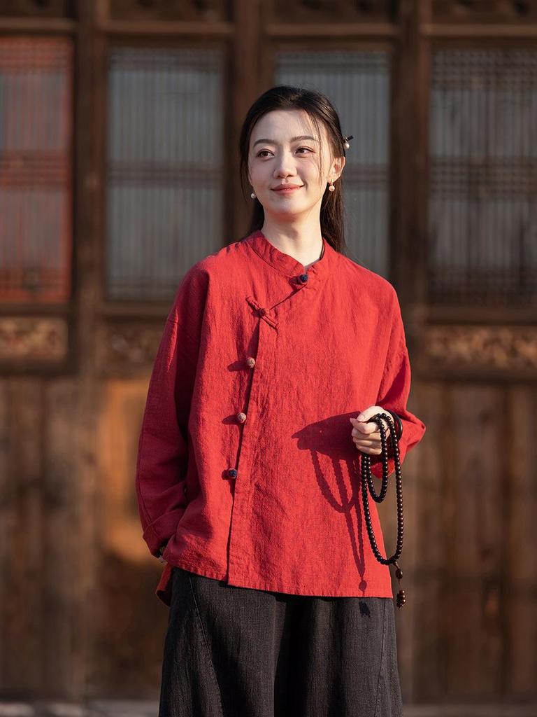 Spring/Summer 2025 Women's Retro Linen Shirt with Stand Collar, Side Placket, Color Block, Sand Wash, Frog Button, and Long Sleeves.