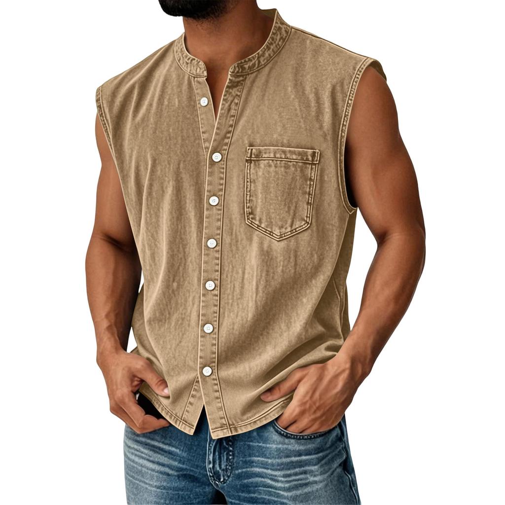 Men's Summer Fashion Distressed Denim Shirt. Men's Casual Sporty Sleeveless Button-down Vest.