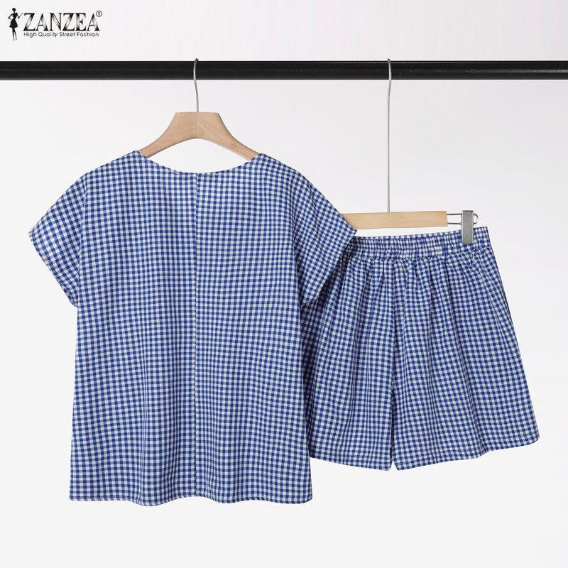 ZANZEA Women Short Sleeve Blouse and Shorts Grid Print Casual Two Piece Suit Sets