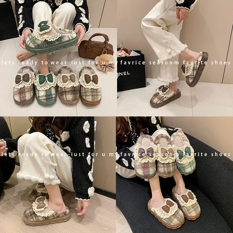 Women's Cotton Slippers Autumn/Winter 2025: Korean Style with Lace Bow, Thick Non-Slip Sole, Warm for Indoor Use.