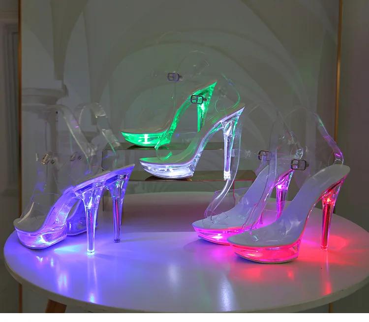 Mode 2025 Neu 34-43 Sexy Super High Heel Schuhe Leuchtender Schlanker Absatz Plateausandalen Transparentes Modell Kristallschuhe Hochzeitsschuhe