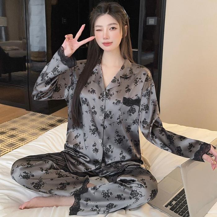 

Lace Bow Print Pajamas for Women Two Pieces Sleepwear Women s Pajama Trousers Loungewear Sets Nightwear Female Home Suit Clothes 2XL