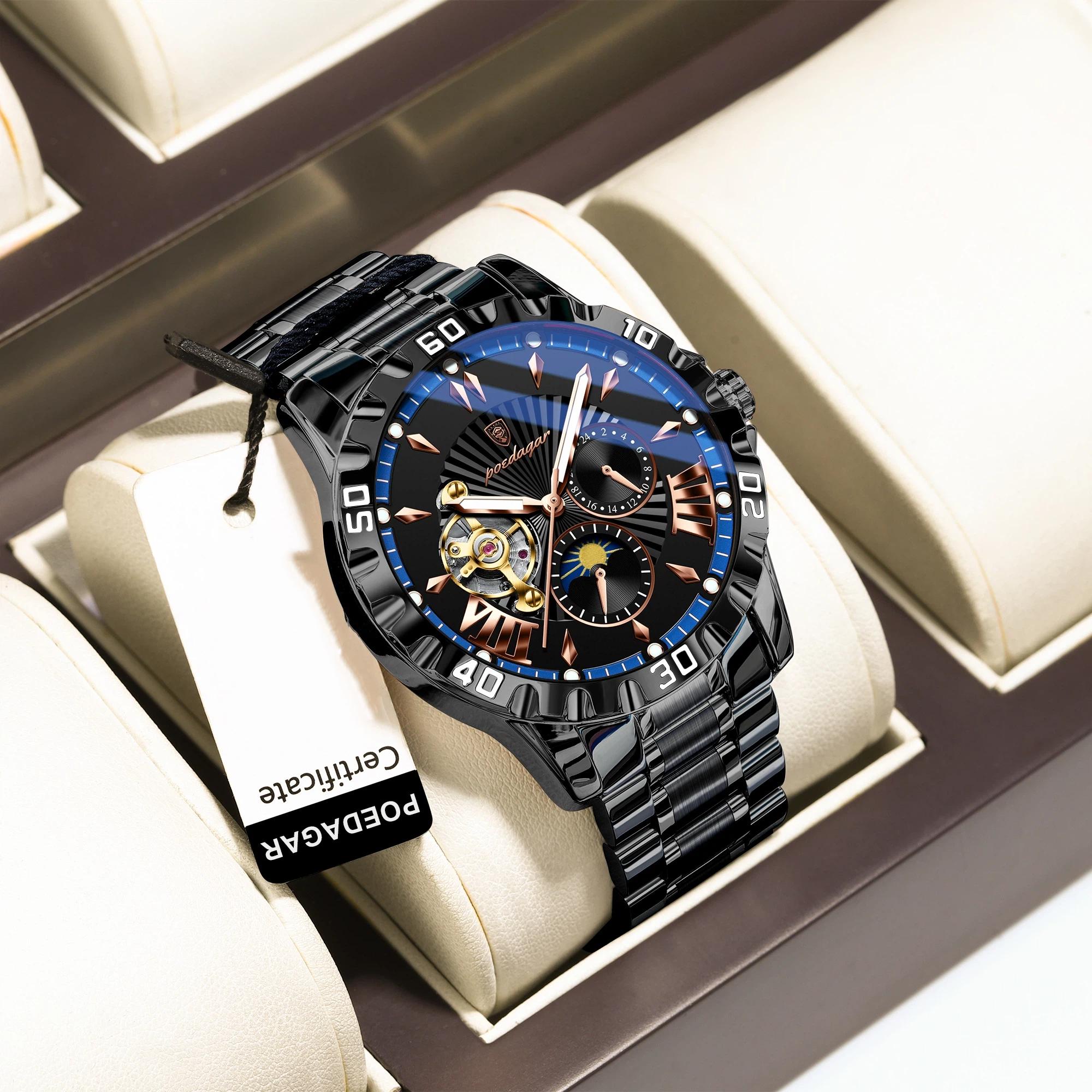

POEDAGAR Luxury Men Clock Hollow Tourbillon Automatic Mechanical Watch Waterproof Luminous Stainless Steel Watches+Box чёрный/синий