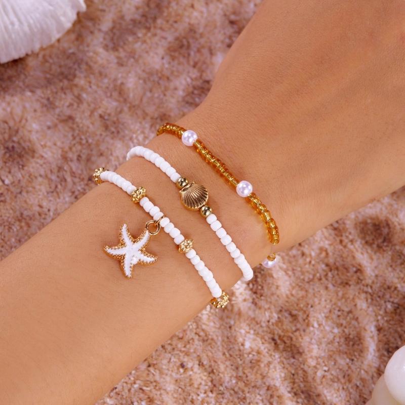 Fashionable Natural Shell Pearls Elastic Jewelry Triple Wear Neck Chain Wrist Ankle Decoration Coastal Styles Use