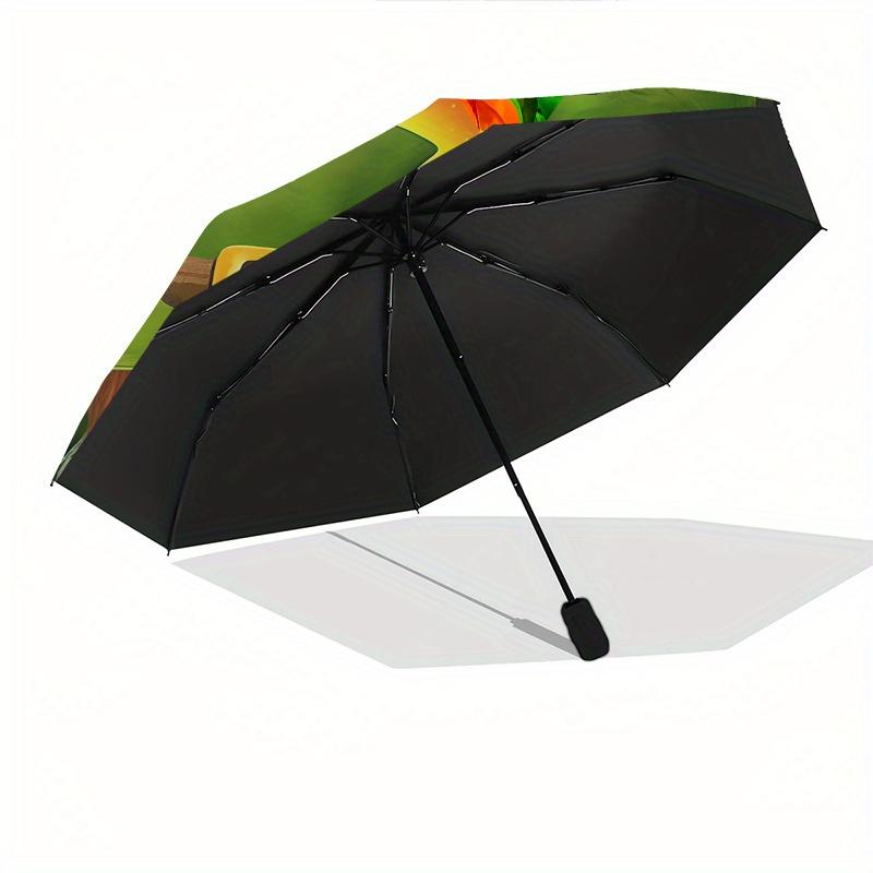 Leprechaun, Pot of Gold Themed Automatic Opening and Closing Umbrella Creative Design Umbrella, Portable Tri fold Small Umbrella for Men a