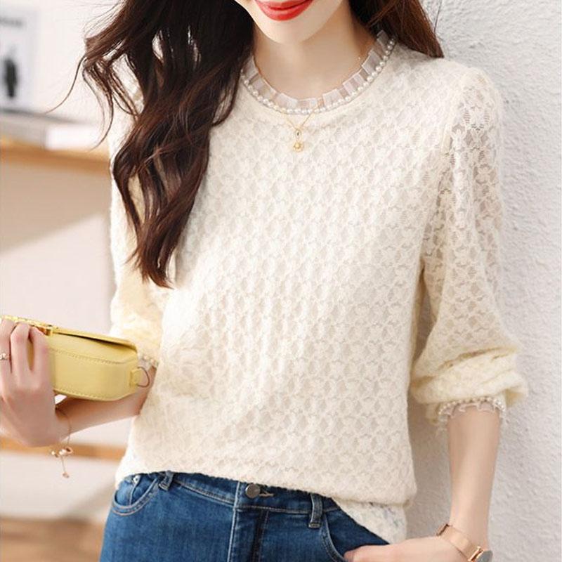 Stylish Lace Jacquard Weave Blouse Spring Autumn Casual Solid Color Women's Clothing Round Neck All-match Chic Beading Shirt New
