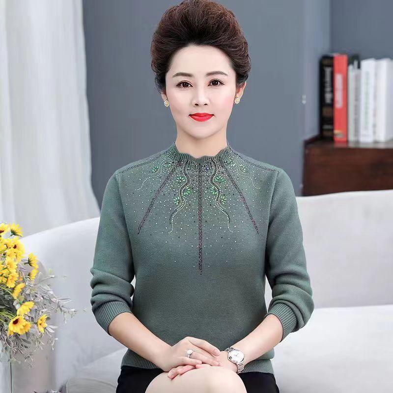 Women's Plus Size Sweater Winter Half-Turtleneck Solid Color Rhinestone Knit Pullover Sweater