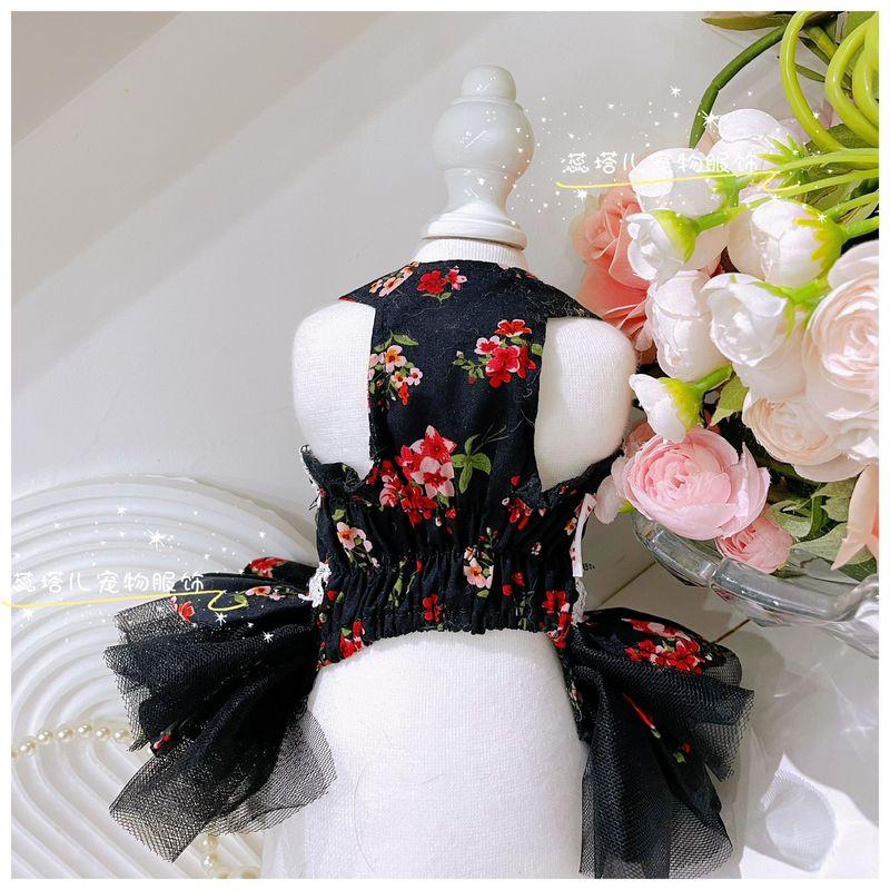 Lovely Puppy Dog Clothing Retro Chic Red Floral Print Lace Bow Black Princess Dress For Small Medium Dog Poodle Pet Dog Clothes