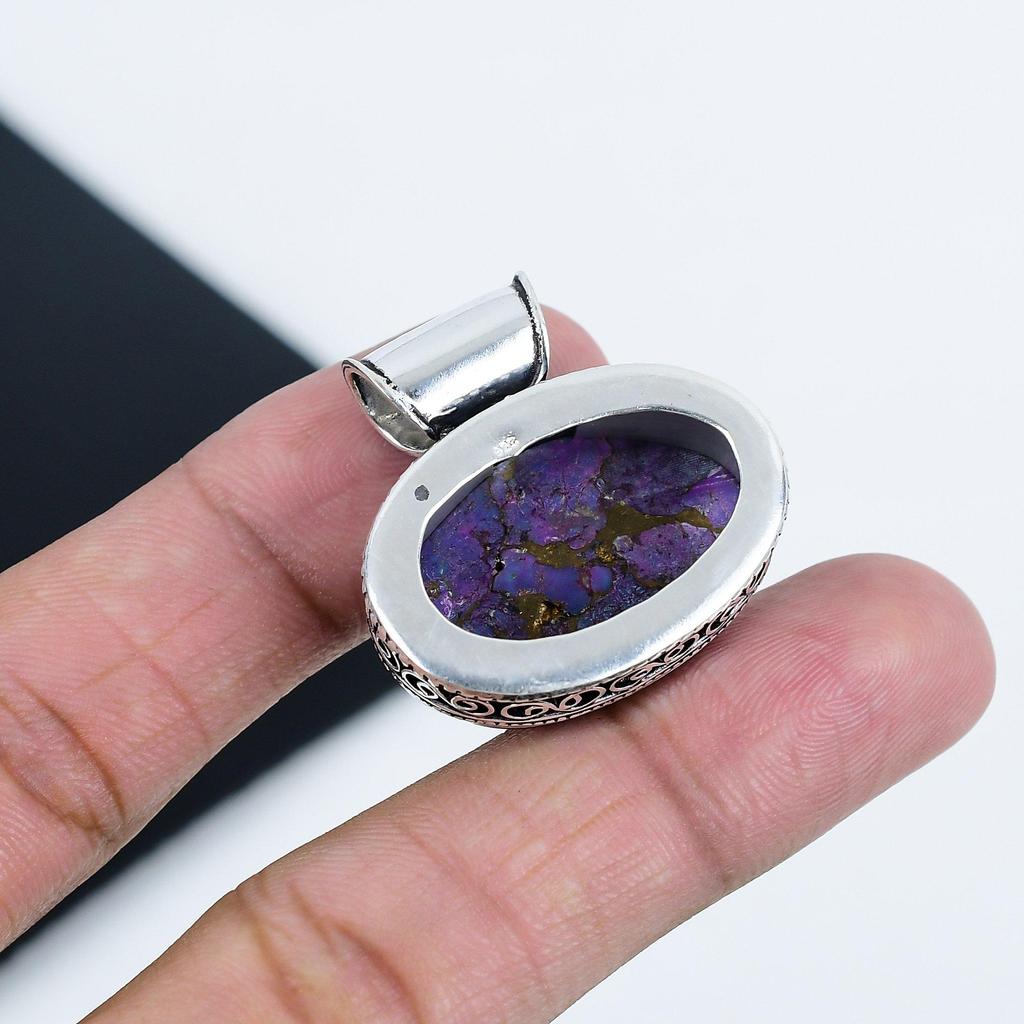 Purple Copper Turquoise Gemstone Silver Pendant in 925 Sterling Silver - Handmade Oval Design, Everyday Wear Jewelry Gift For Wife