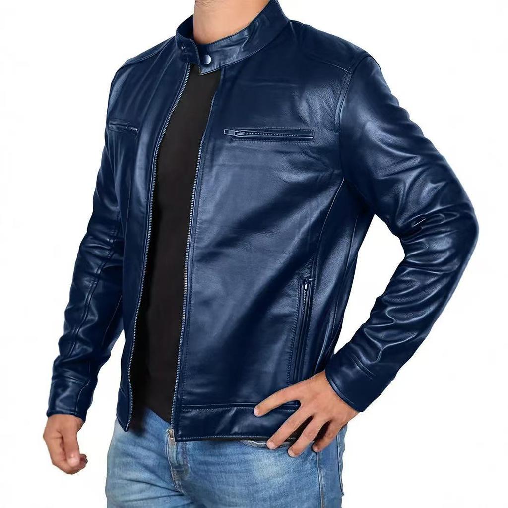 Herren Retro Slim Fit Stehkragen Motorradjacke mit Mehreren Taschen für Frühling/Sommer