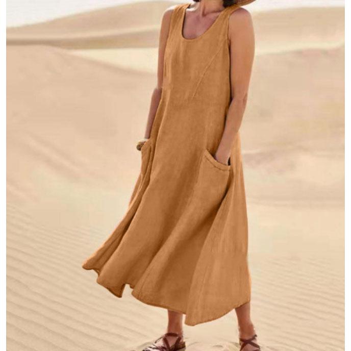 Women Coton Linen Sundress Summer Female Sleeveless Double Big Pocket Loose Sand Beachwear Long Dress Oversized S-5XL LRFZ-818