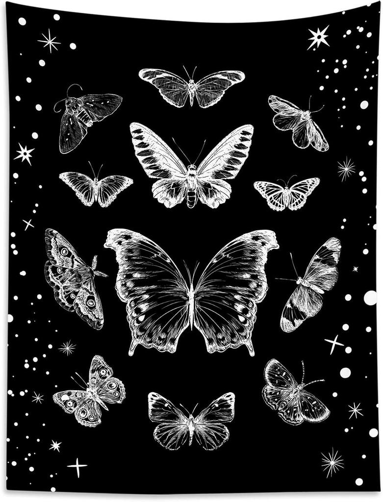 Vlinder Wandtapijt Zwart en Wit Insect Mot Wandkleed voor Slaapkamer Goth Zwarte Esthetiek Wandkunst voor Woonkamer