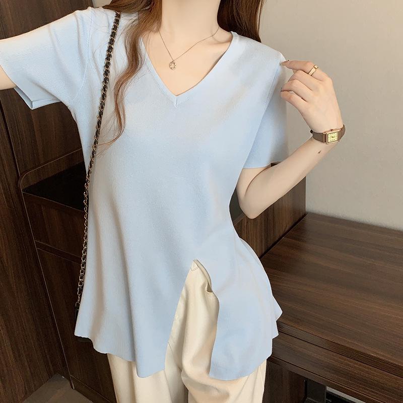 

2026 Plus Size Women s Knit Split Hem Short Sleeve Top – Summer New Arrivals 3XL синій