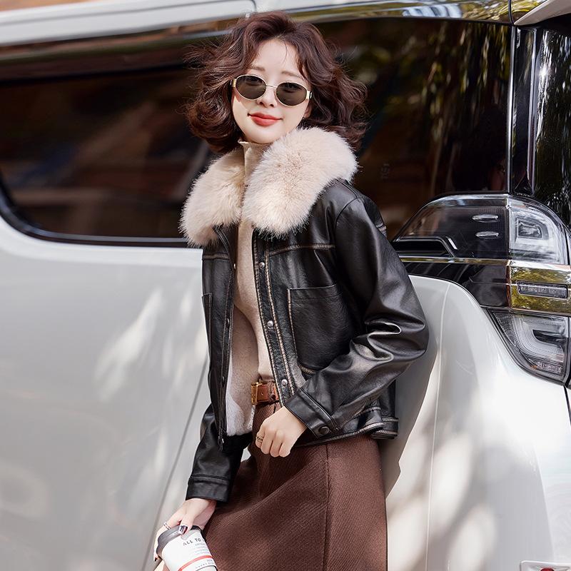 Fleece thickened leather jacket short coat women's winter new thin leather jacket motorcycle jacket top