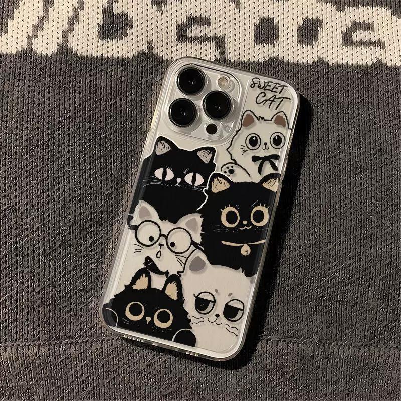 Cute Black & White Cat Clear Phone Case, Sweet Kitten Collage Shockproof Cover for iPhone