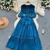 High-End Heavywork Lacing Paillette-Panel Waist-Banding Lantern Sleeve Maxi Dress for Women Autumn Charming Long Women Dress