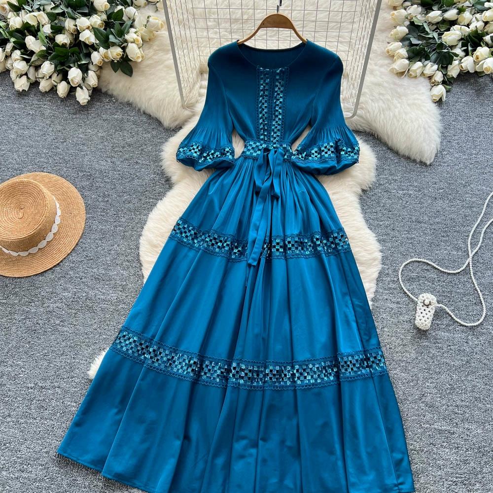 High-End Heavywork Lacing Paillette-Panel Waist-Banding Lantern Sleeve Maxi Dress for Women Autumn Charming Long Women Dress