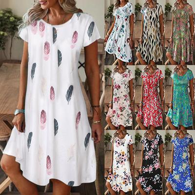 =Women's Casual Crewneck Loose Printed Short-sleeved Dress
