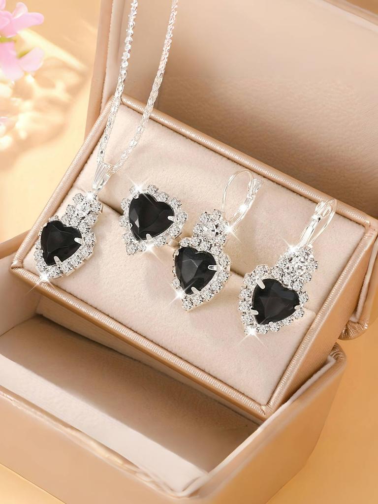 4 st Zirkon Set för Kvinnor, Mode Casual Dam Armband med Hjärtdesign, Halsband, Örhängen, Zirkon Set, Lämpligt för Dagligt Bruk,
