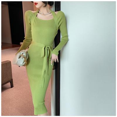 Knitted Dresses Women 2021 Spring Autumn New V-Neck Sheath Office Lady Long sleeveSolid Midi Dress Korean Chic Simple Vestido