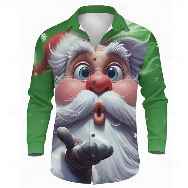Christmas Men's 3D Santa Claus Printed Long Sleeve Shirt Polyester Lapel Formal Casual Shirt Autumn and Winter All-match Tops