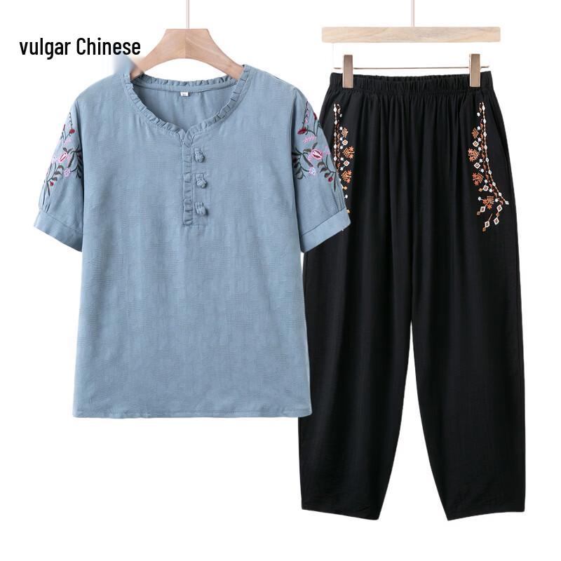 

Elderly Women s Casual Summer Cotton Linen T-shirt Set 3XL