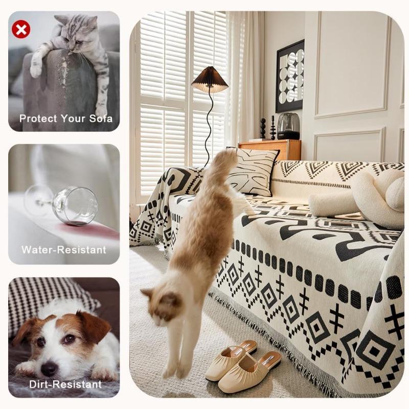Water Resistant Boho Couch Cover  Covers for 3 Cushion Couch Sofa Pet Friendly Thick Dirt Resistant  Dark Black, 71" X 118"
