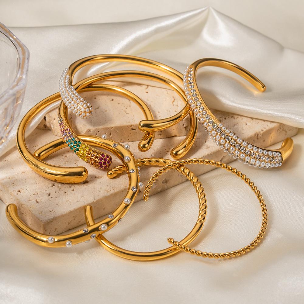 18K Gold Plated Titanium Steel Multi-Layer Diamond & Pearl Women's Bracelet