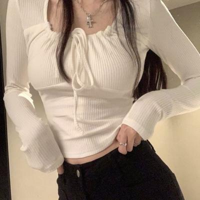 Canotta Aderente Pura Dolce e Piccante Autunno Intimo Maglietta Top a Maniche Corte con Scollo Quadrato da Donna Slim e Versatile Maglietta Base